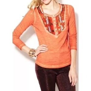 FREE PEOPLE Womens Top Sz Small Orange Sequins Aztec Boho Henley Scoop‎ Neck